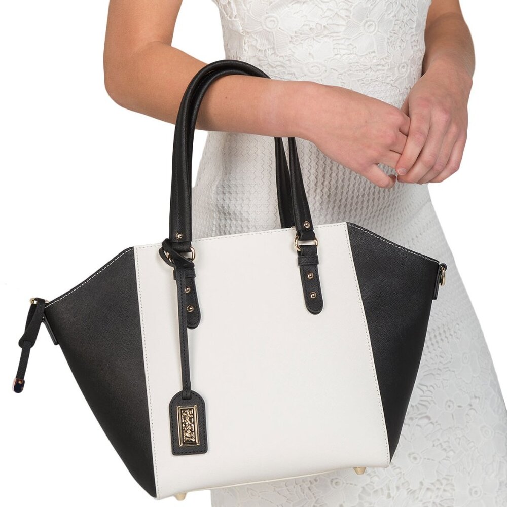 NWT Badgley Mischka Melisandre Bi-Color Saffiano White Latte Handbag (952776)